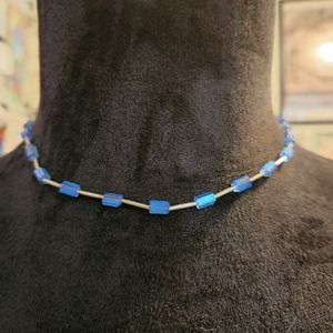 Blue and silver bead necklace 14 inches